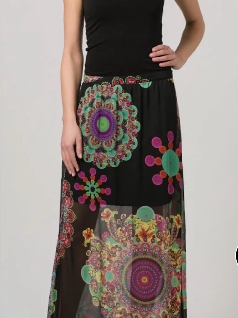 Desigual Viky Black Maxi Skirt Turquoise, Purple and Pink Mandala Print